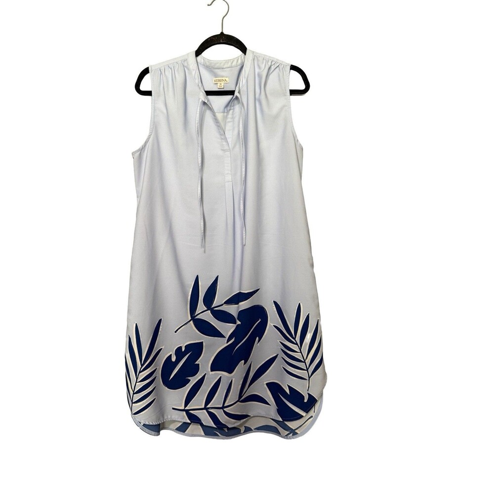 Merona Women’s XL Sleeveless Shift Dress Blue White Tropical Tie Neck